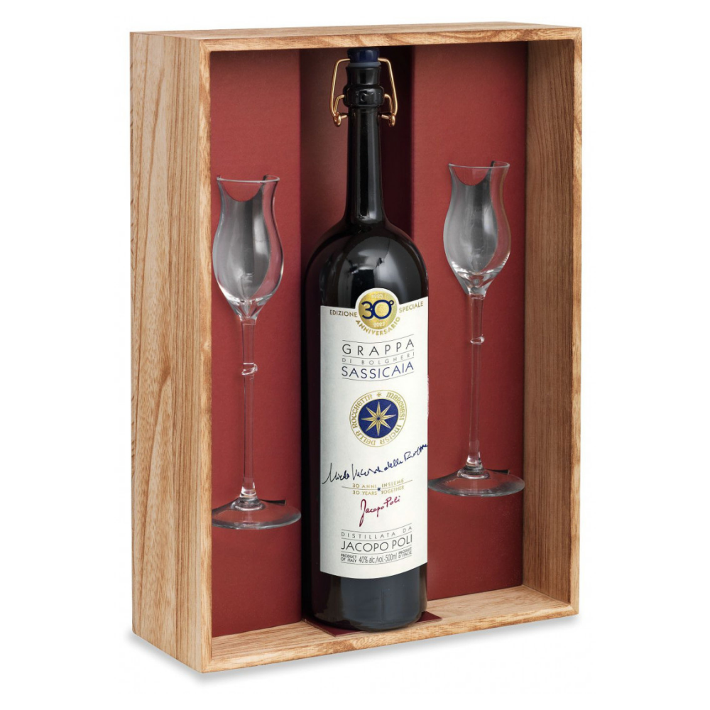 Confezione Grappa Sassicaia + 2 Bicchieri Legno Poli