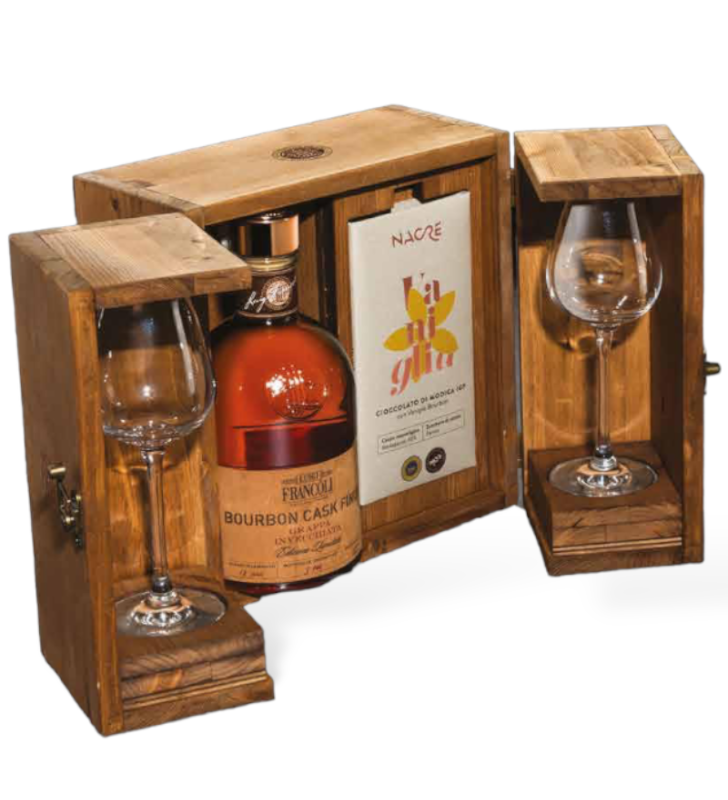 Confezione Grappa Bourbon + 2 Calici Legno Francoli