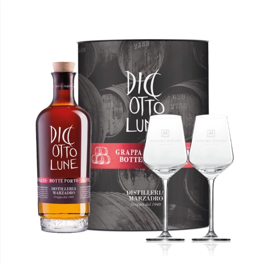 Confezione Grappa 18 Lune Riserva Porto + 2 Calici Marzadro
