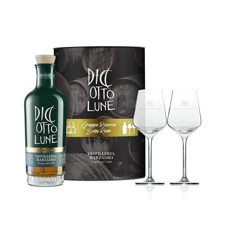 Confezione Grappa 18 Lune Riserva Botte Rum + 2 Calici Marzadro